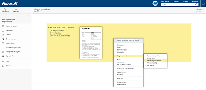Screenshot Bestellmanagement Ablegen Bestelldokument