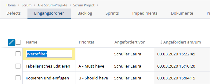 Screenshot Tabellenbearbeitung in der Fabasoft Cloud