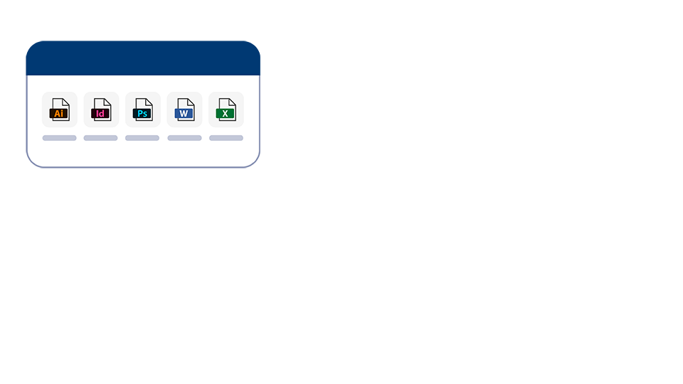 Display of different program icons that are compatible with Xpublisher DAM, for example Adobe Creative Cloud and Microsoft Office.