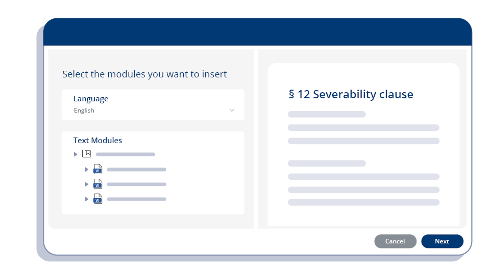 Illustration of the selection and preview of text modules