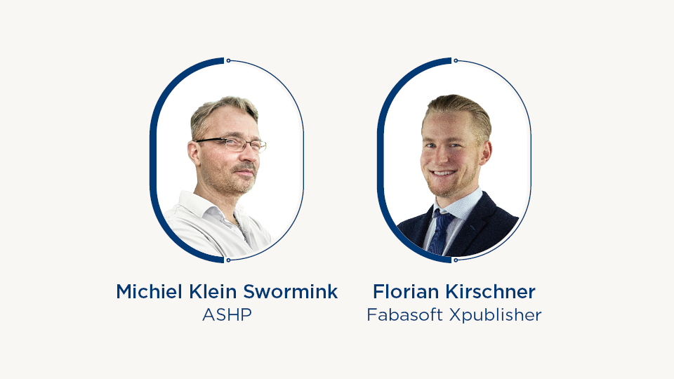 Headshot photos of Michiel Klein Swormink, Director Publishing at ashp and Florian Kirschner, Managing Director at Fabasoft Xpublisher Inc.