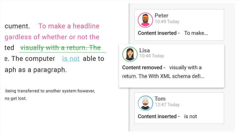 Display change tracking and commenting function in online collaboration during content  creation