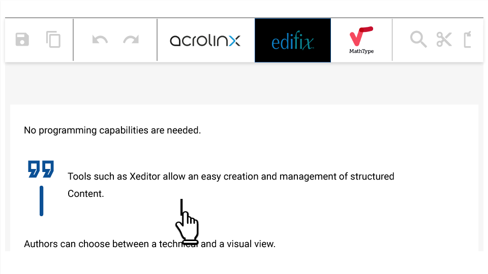 Xeditor user interface with integration of Acrolinx and Edifix